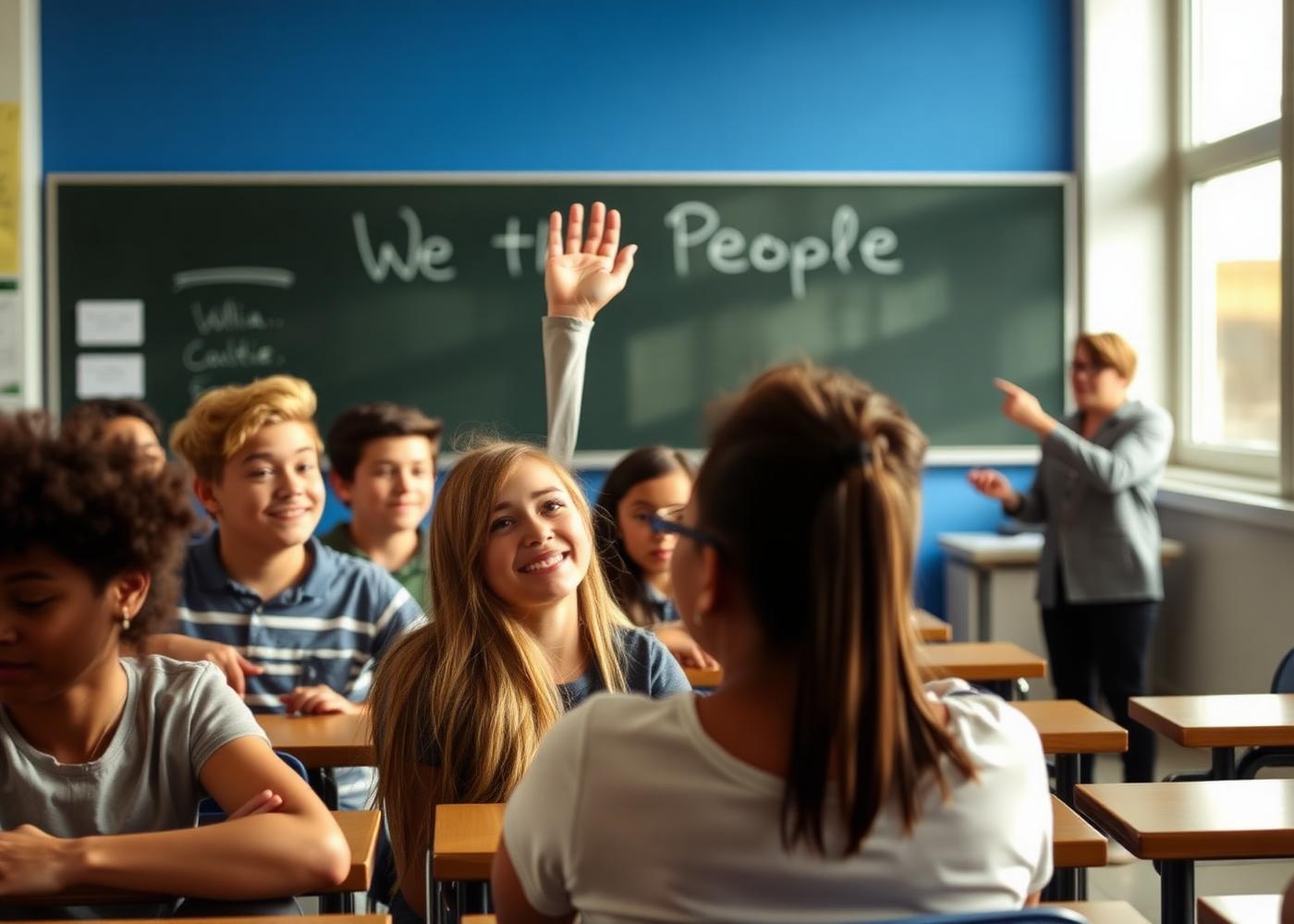 Students engaged in a civics classroom discussion