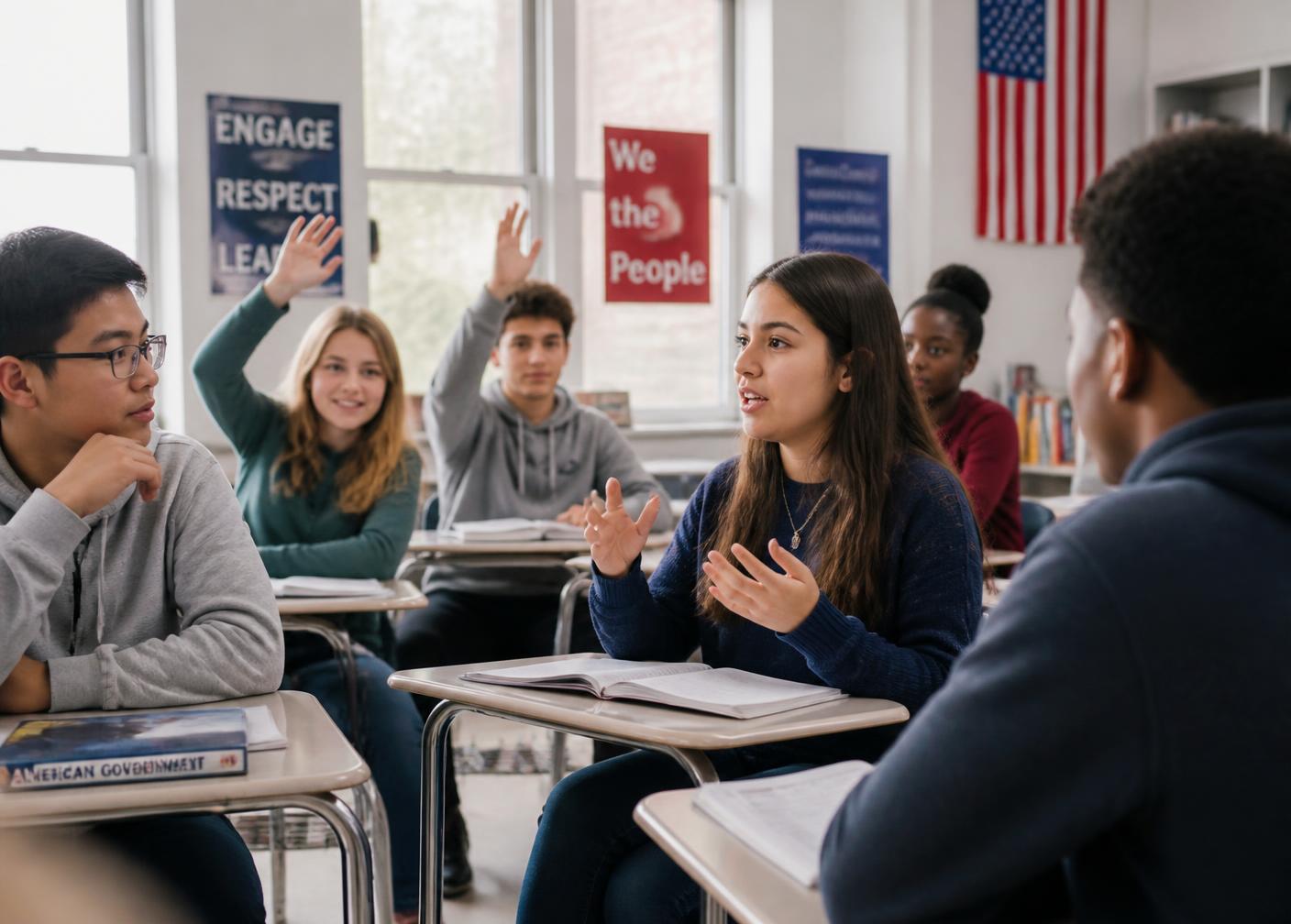 Students engaged in a civics classroom discussion